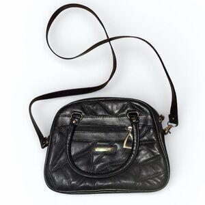 Elegant Vintage Black Leather Shoulder Bag Patchwork Crossbody Golden Accents